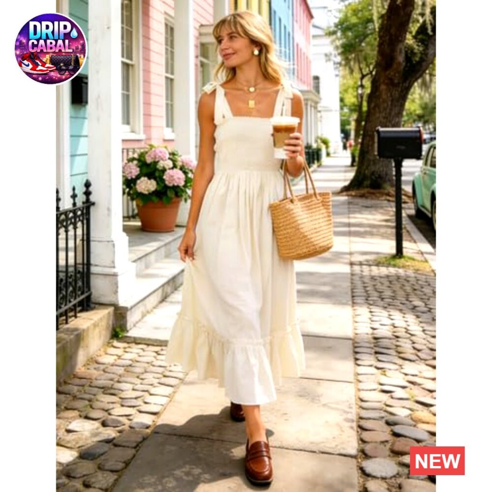 Viscose Maxi Dress with Spaghetti Straps Square Neck Ruffle A-Line - Picture 2 of 7